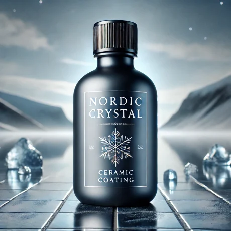 DALL·E 2025 02 11 01.05.26 A high quality bottle of ceramic coating named Nordic Crystal. The bottle is sleek and compact with a dark matte finish and a modern professional