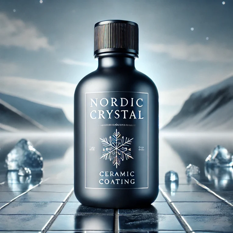 DALL·E 2025-02-11 01.05.26 - A high-quality bottle of ceramic coating named 'Nordic Crystal'. The bottle is sleek and compact, with a dark, matte finish and a modern, professional